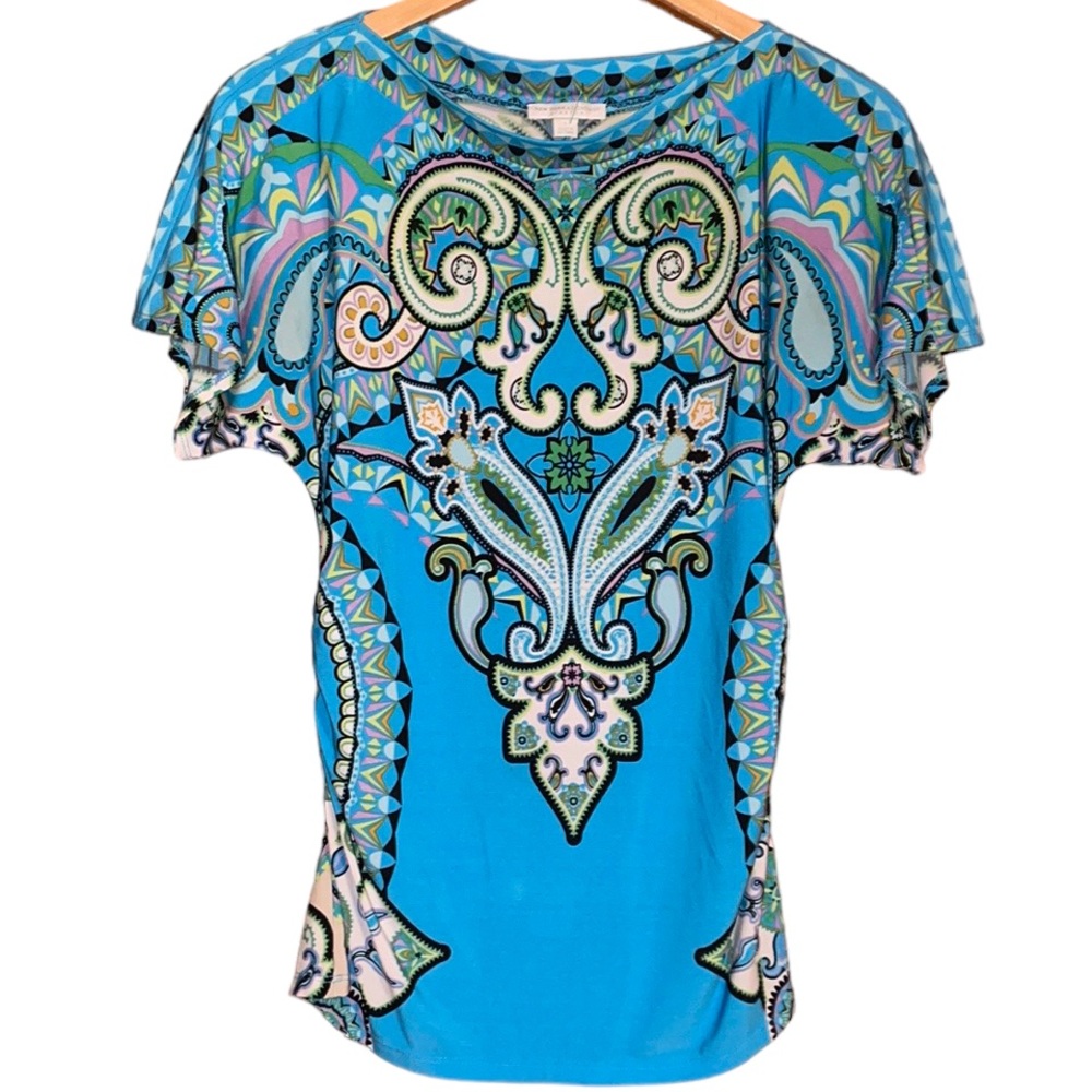 •NEW YORK & COMPANY•NWOT BLUE SHORT SLEEVE PRINTED BLOUSE SIZE SMALL